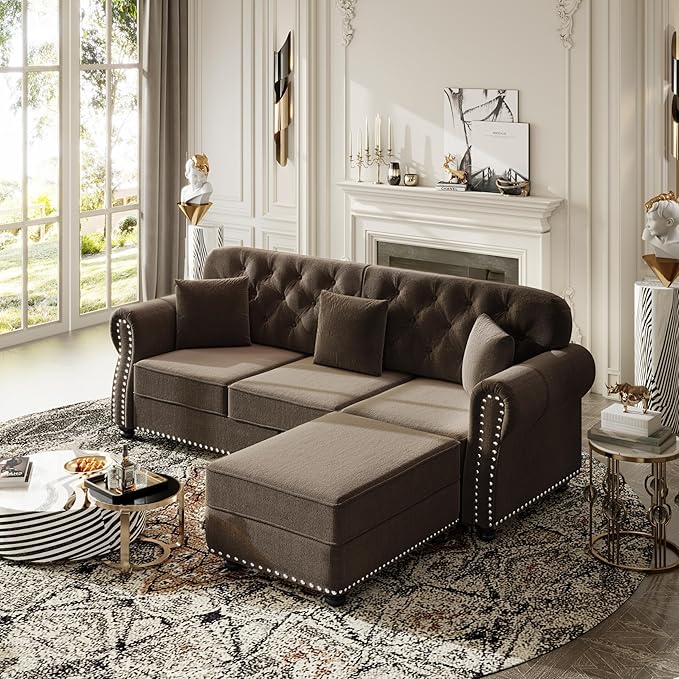 83 Stylish Velvet Sofa with Movable Ottoman Button Tufted Couch Bed with Rolled Armrests Comfort 3-Seater Sofa Bed with Rivet Decor &amp Solid Wood for Living Spaces Brown