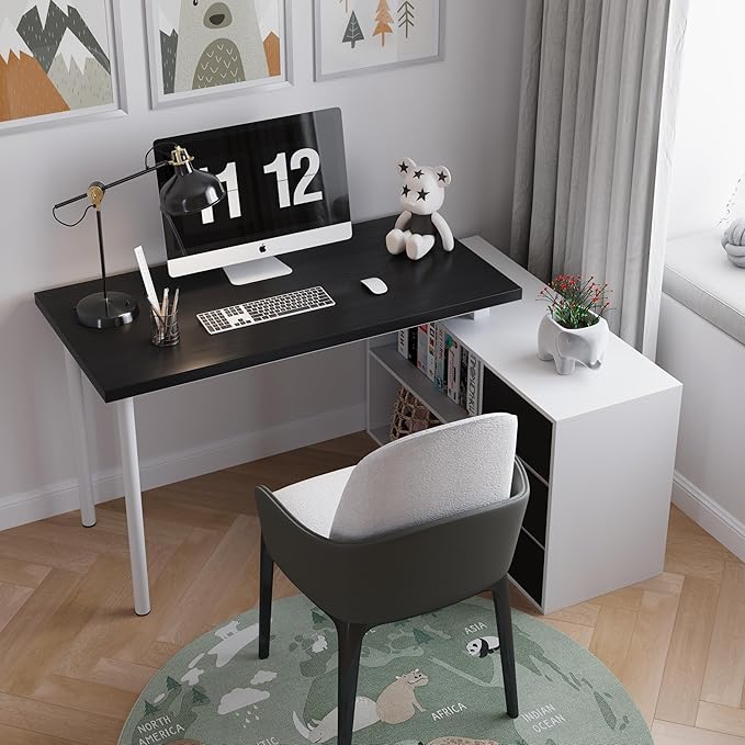 L Shape Small Desk - Computer Corner Desk with 3 Drawers and 2 Shelves 53 inch Home Office Table with Storage Cabinet for Gaming Writing Study White+Black