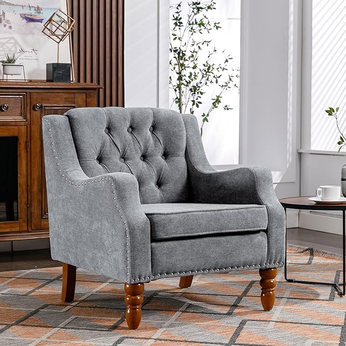 Grey Accent Chair Living Room Chair Footrest Chair Set with Vintage Brass Studs Button Tufted Upholstered Armchair for Living Room Comfy Reading Chair for Bedroom Reception Room