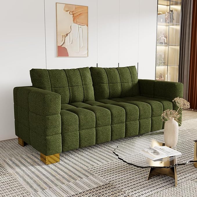81.89 Sofa Comfy 3 Seat Sofa Tufted Chenille Upholstered Sofa Couch for Living Room with Gold Metal Legs and 2 Throw Pillows (Green-N)