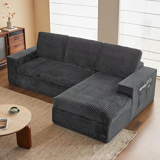 115 Modular Sectional Couch with Chaise Cloud Couch Deep Seat Fluffy Corduroy Sofa Memory Foam Boneless Couches for Living Room Bedroom No Assembly Required (Grey 115 Right Chaise)