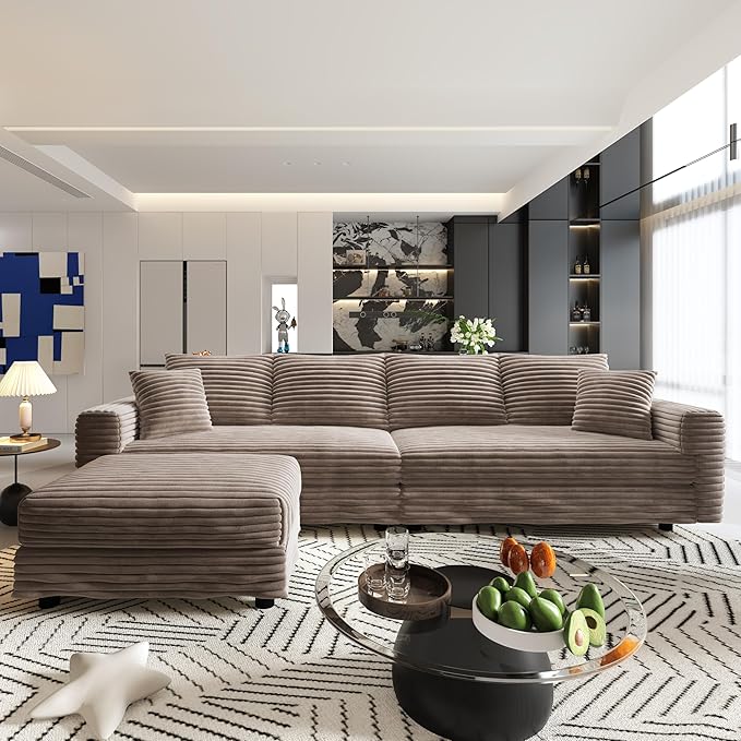 Ball &amp Cast 102.4 Plush Corduroy 4 Seater Sofa with Movable OttomanDeep Seat L Shaped Cloud Couches with Soft PillowsComfy Convertible Sectional Couch Lounge Chair for Living RoomOfficeCamel