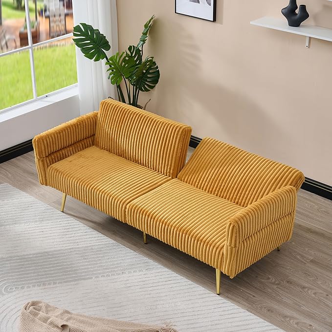 79 W Foldable Sofa BedOverstuffed Futon LoveseatComfy Upholstered Sofa Chair with Adjustable Armrests &amp BackrestConvertible Extra Deep Sleeper Sofabed for Living Room (Yellow 2 Seat)