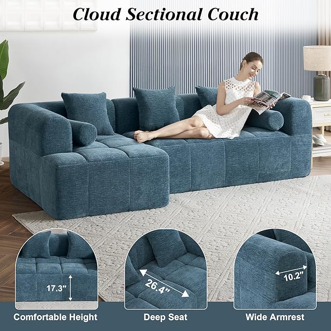 101.2 L Shaped Sofa Cloud Sectional Couch with Deep Seat Modern Boneless Couch with Chaise Memory Foam Couches for Living Room Apartment Office Blue