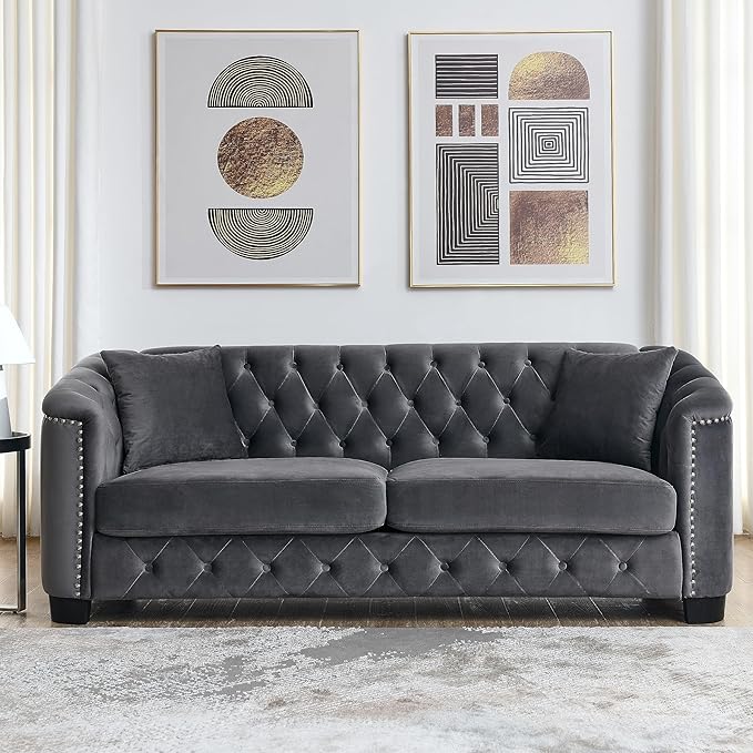 KEIKI 77+59 Chesterfield Sofa 3+2 Seater Velvet Couch with Nailhead Arms Tufted Backrests 4 Cushions for Living Room Bedroom Office Apartment Gray