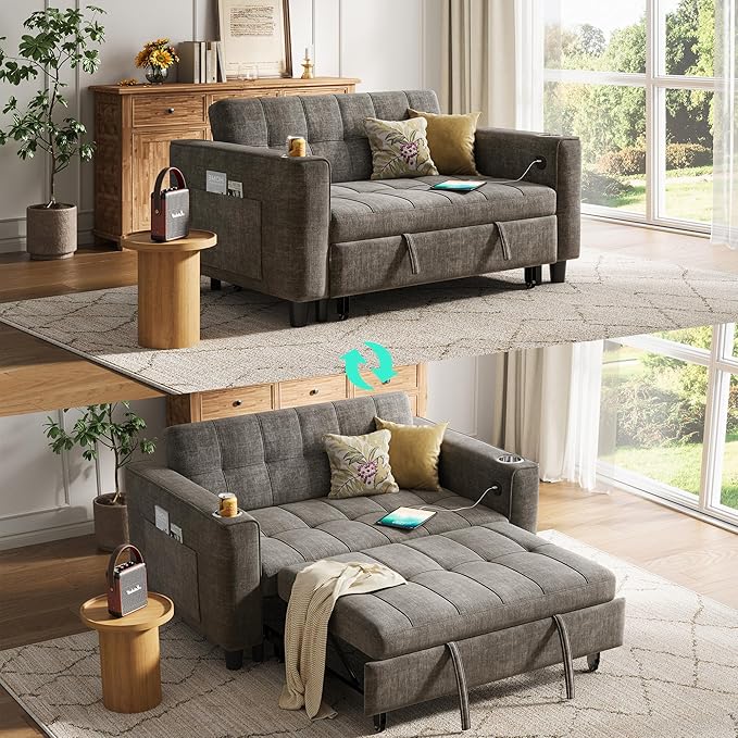 LINSY Sleeper Sofa Bed 54 Pull Out Couch with Charging Station &amp Cup Holder Small 3 in 1 Convertible Loveseat Sleeper Couch for Apartment Dorm Room Bedroom and Small Space Chenille Gray