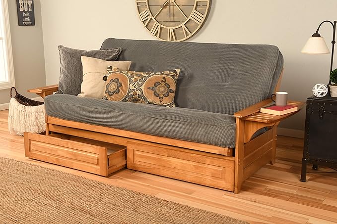 Kodiak Futons Furniture KF Phoenix Full Size Futon in Butternut Finish with Storage Drawers Marmont Thunder Blue (760708)