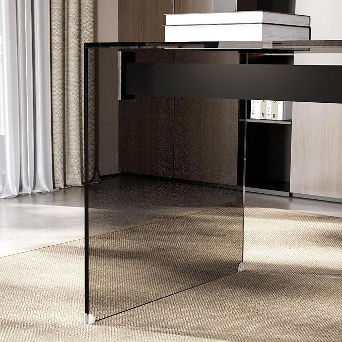 53.14 Modern Tempered Glass Executive Desk with Drawer Black Wood Finish and Tempered Glass Legs – Minimalist Stylish Workstation Table for Home Office