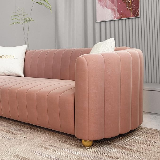 Modern Pink Velvet Couch for Living Room 83.46 Curved Sofa with Gold Metal Sphere Legs 3 Seater Upholstered Cute Couch (Pink)