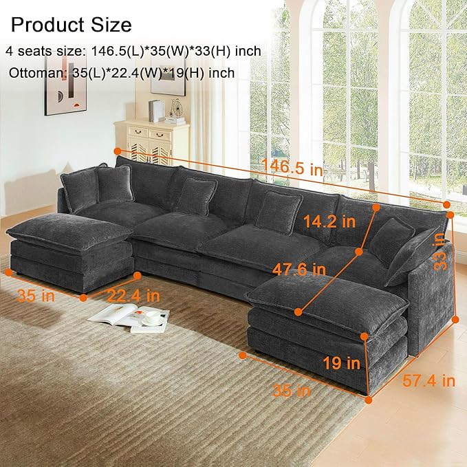 Modular Sectional Sofa 146.5 U Shaped Sectional Couch 5 Seater Comfy Cloud with Movable Ottoman for Living Room(Grey 146.5 inch U-Shaped)