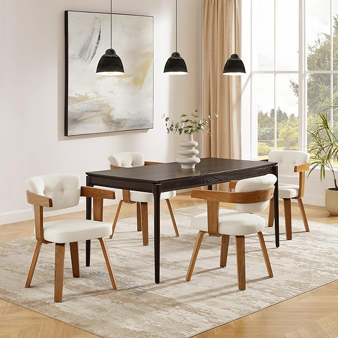 Art Leon Modern Dining Chairs - Set of 2 Mid Century Dining Chairs Fabric Upholstered Swivel Chairs Comfy Desk Chair No Wheels Accent Arm Chair for Kitchen Living Room Study Off White/Walnut