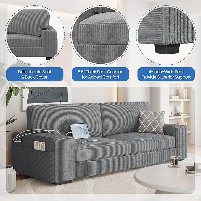 Yaheetech 83.5 W Modern Sofa Couch Corduroy Fabric Sofa with Detachable Cover USB Charging Ports &amp Side Storage Pockets for Living Room Apartment Dark Gray