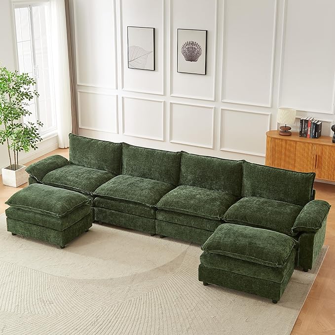 Modular Sectional Sofa 146.8 Inch U Shaped Couch Set with Armrests 4-Seater Comfy Cloud Boneless Couches with 2 Movable Ottomans for Living Room Apartment Dark Green