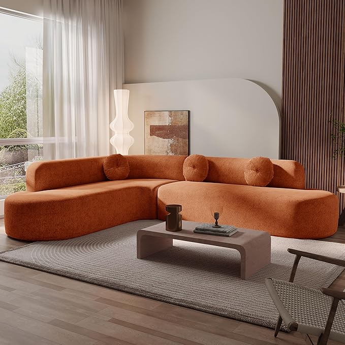 Mirod 122'' Extra Large Sectional Sofa Soft Fabric Upholstery Elegant Curved Design with Three Round Cushions Supportive Comfort Foam for Ultimate Relaxation(Orange@040)
