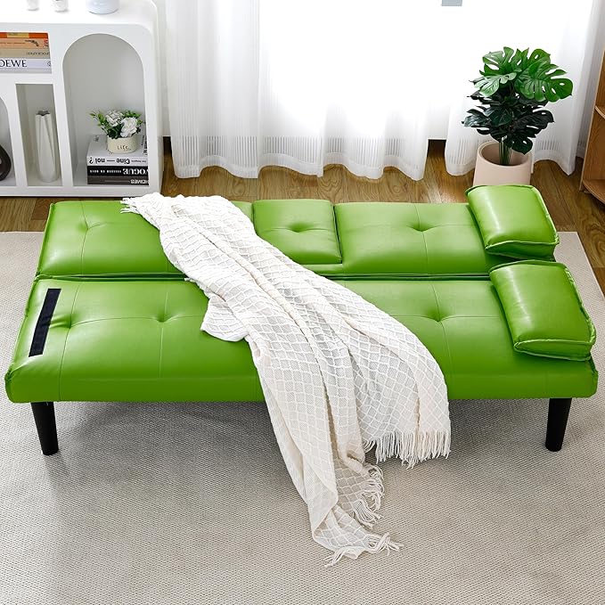 KEIKI 67 Convertible Sofa Bed with Cup Holder 3 in 1 Futon Sofa Bed PVC Sleeper Sofa Chair for Living Room Office Green