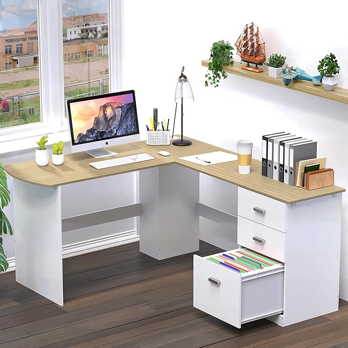 SHW 51 x 59 Inches L-Shaped Home Office Wood Corner Desk with Box Box File Drawers Oak