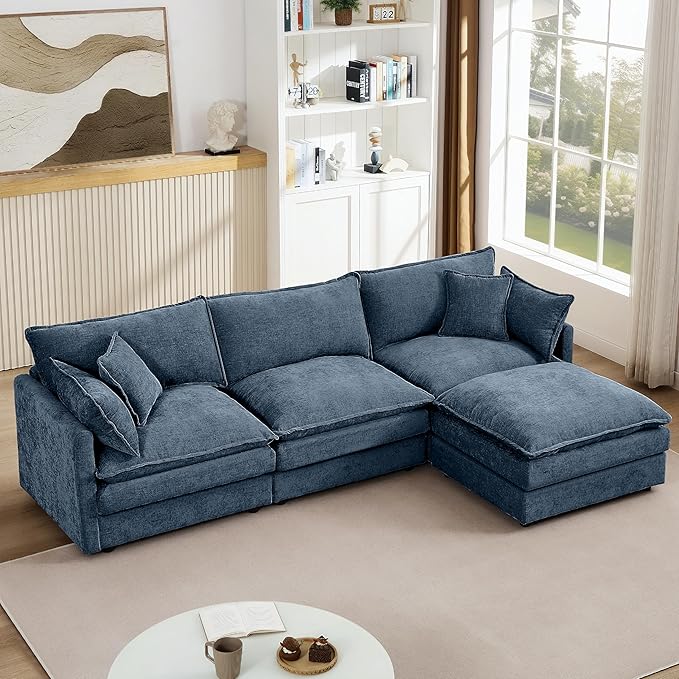 102 L-Shaped Sofa for Living RoomModular Sectional Cloud Sofa Couch with OttomanModern Chenille 3 Seater Sofas with Deep SeatSmall L Shaped Couches for Bedroom (Blue 102)