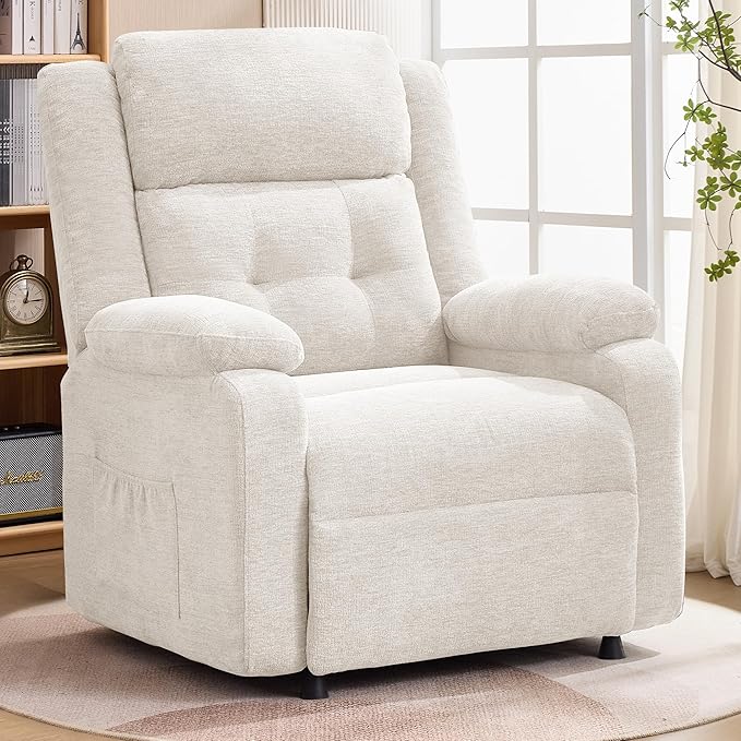 Power Recliner Chair for Adults Oversized Electric Recliner with Thickened Cushions Chenille Fabric Reclining Chair for Living Room Bedroom Beige