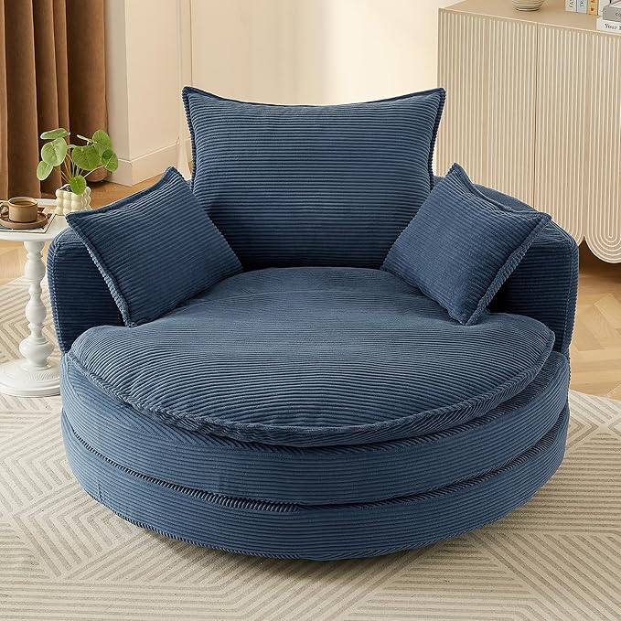 360° Swivel Sofa Chair Accent Barrel Chair 57.5 Swivel Round Chair with Dual-Layer Cushion Design and 3 Removable Pillows for Living Room Bedroom Office and Hotel (Blue)