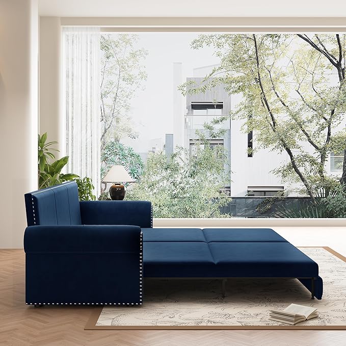 93.7 Chesterfield 3 Seater Pull Out Sofa Bed King Size with Pillows Velvet 3-in-1 Convertible Sleeper Couch with Nails Trim Space Saving for Living Room Blue