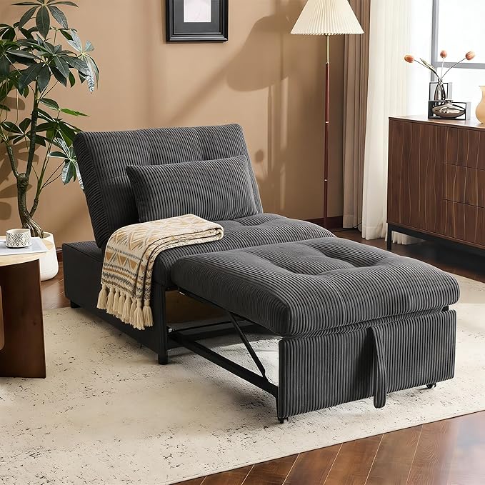 4-in-1 Convertible Sleeper Chair Bed with Adjustable Backrest Pillows Futon Sofa Bed with Side Pocket Sleeper Sofa Chair Pull Out Couches for Living Room Small Space Charcoal