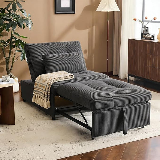 4-in-1 Convertible Sleeper Chair Bed with Adjustable Backrest Pillows Futon Sofa Bed with Side Pocket Sleeper Sofa Chair Pull Out Couches for Living Room Small Space Charcoal
