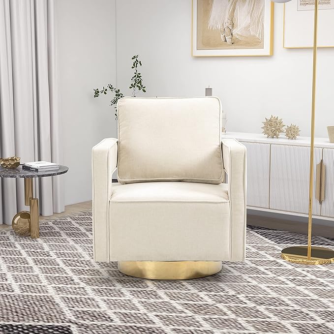 Betoko Swivel Accent Barrel ChairModern Open Back Armchair with Gold Metal BaseChenille Upholstered Club Chair with Pillow for Living Room (Beige)
