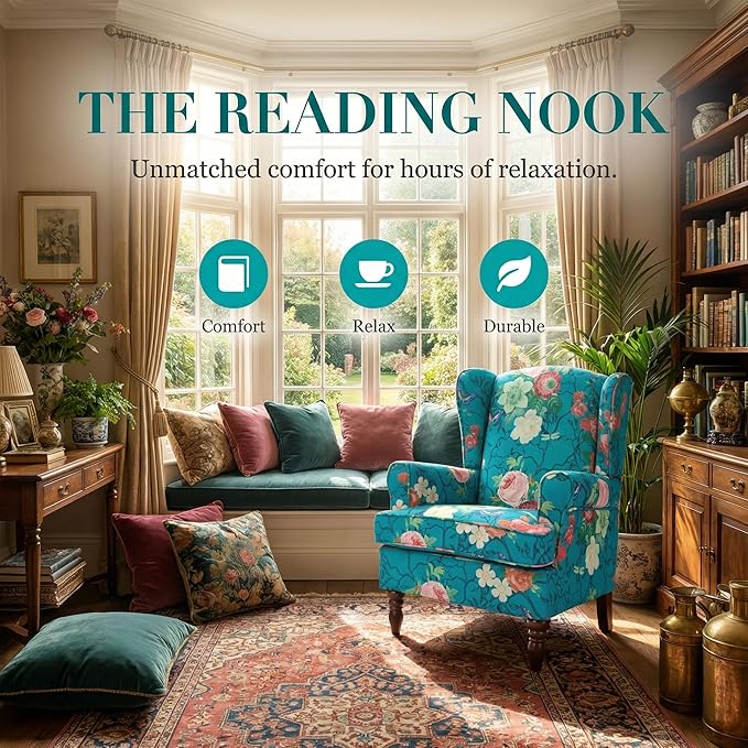 Mid Century Wingback Accent ChairModern Linen Fabric Upholstered Armchair with Retro Wooden LegsFloral Pattern Single Sofa ChairComfy Reading Chair for Living Room Bedroom Office (Floral Cyan)