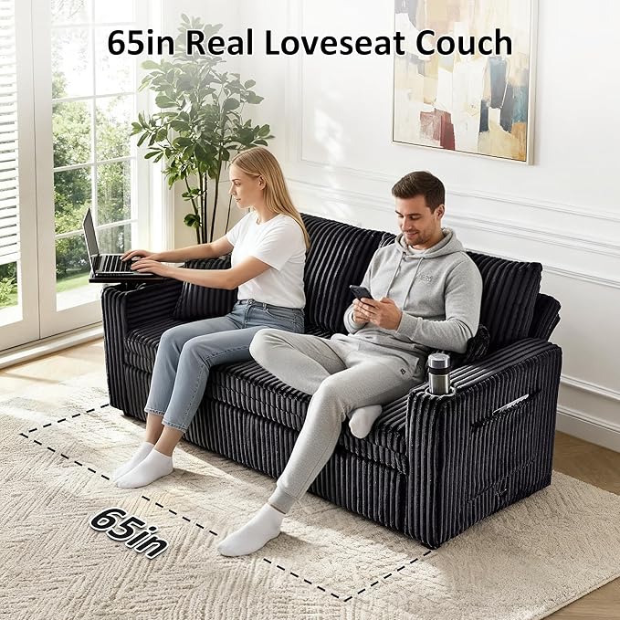65in Sleeper Sofa Bed Convertible Pull Out Couch with Small Table| USB Port | Cup Holder | Corduroy Fabric | Adjustable Backrest for Apartment Office Bedroom Guest Room (Black)