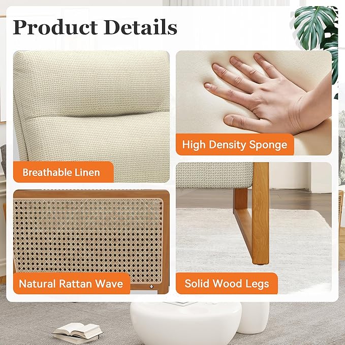 HAOBO Home Small Loveseat Sofa Mini Couch Upholstered Settee Bench with Rattan Arms Linen Small Sofa Couch for Living Room Dining Room Bedroom Funiture