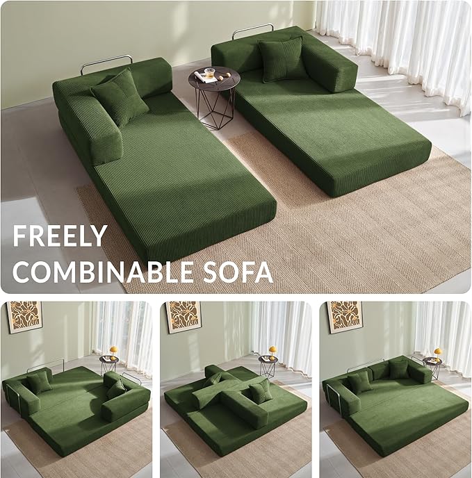 YINIX Sofa Bed 62'' Folding Floor Couch Compressed Convertable Sleeper Sofa Memory Foam Couch with Pillow Back Support Armrest 4-in-1 Futon Sofa Bed for Living Room Emerald