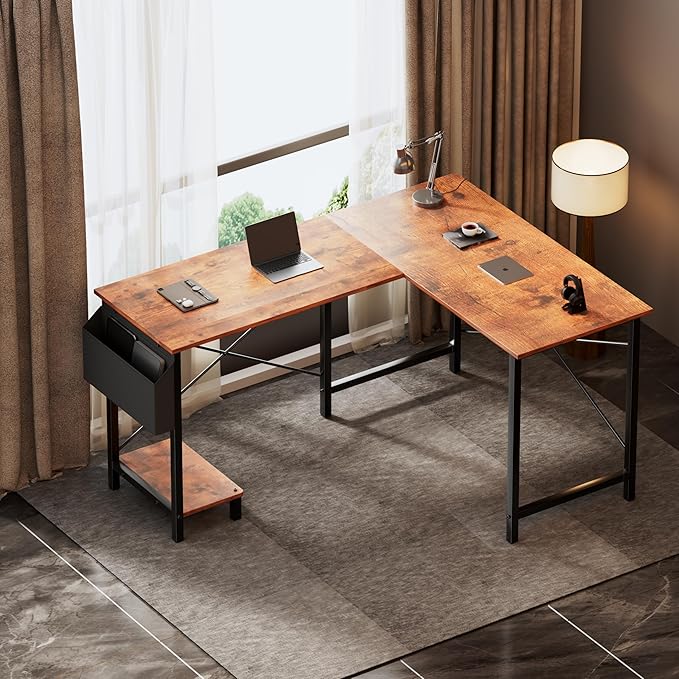 YSSOA 50 L Shaped Gaming Desk with Reversible Corner - Home Office Computer Desk with Wood Top Metal Frame CPU Stand &amp Storage Bag for Small Space Gaming Room Rust