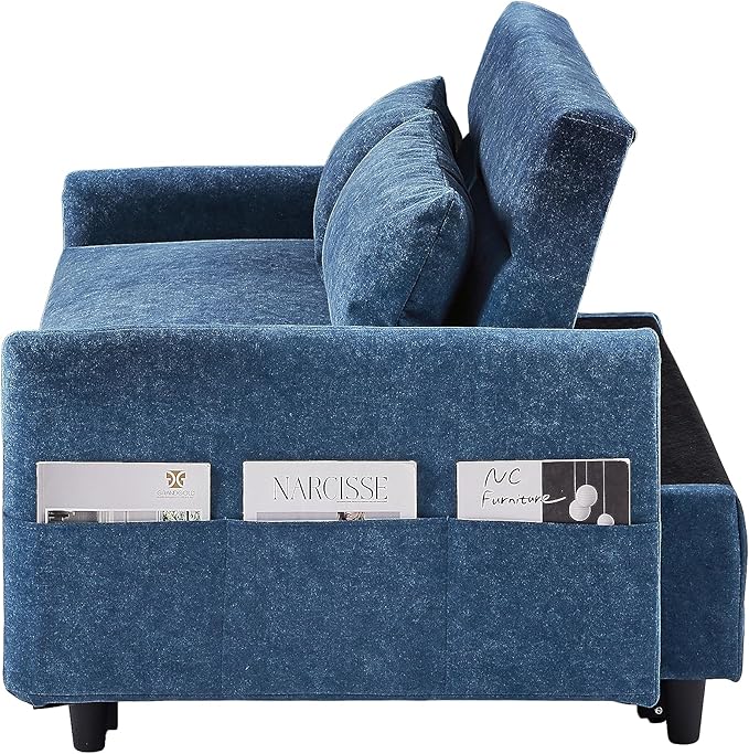 55.1 Pull Out Sofa Bed 2 Seater Loveseats Sofa Couch with Adjustable Backrest Storage Pockets 2 Soft Pillows Convertible Sleeper Sofa Bed for Living Room Bedroom Apartment Office (Blue 091)