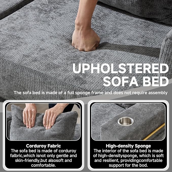 Convertible Sleeper Sofa Bed – 77'' 3-Seater Futon Couch with Corduroy Upholstery Pull-Out Floor Bed High-Density Foam No Assembly Perfect for Living Room Bedroom Apartment Studio (Grey)