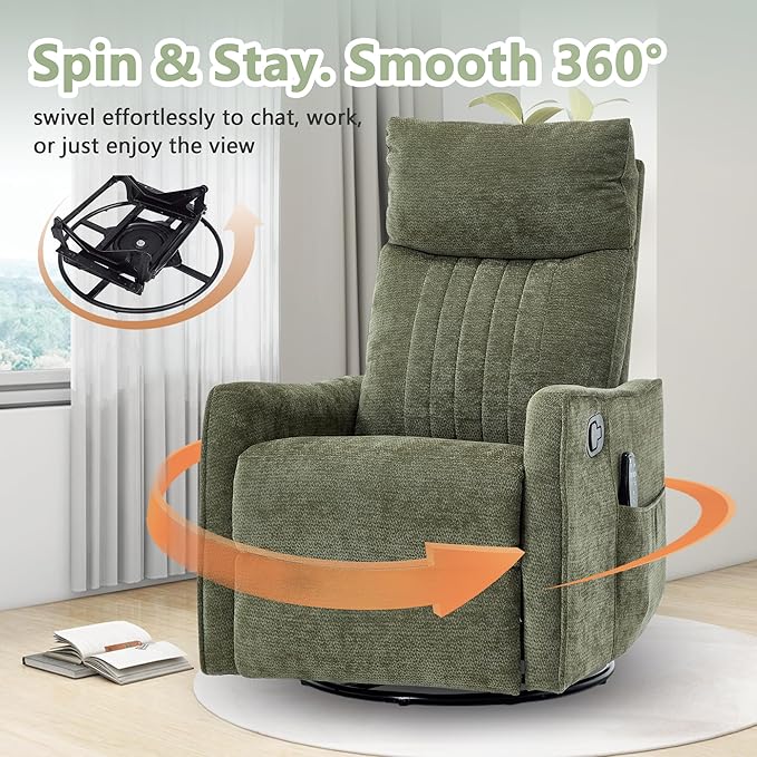 cinkehome Swivel Rocker Recliner Glider Rocking Recliner Chair for Nursery Manual Reclining Chair with Heated Massage Small Spaces Living Room Olive Green Chenille