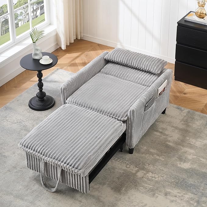 3-in-1 Convertible Sofa Chair BedPull Out Couch Single Sleeper Chair Bedwith Adjustable Backrest with Side Pockets Lounge Sofa for Living Room Bedroom Small Spaces (Gray)
