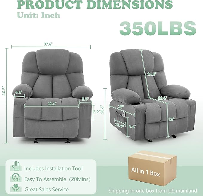 Manual Recliner Chair Rocker Recliner with Vibration Massage &amp Heat Ergonomic Reclining Fabric Living Room Chairs for Bedroom Nursery Single Sofa with 4 Pockets 2 Cup Holders Grey