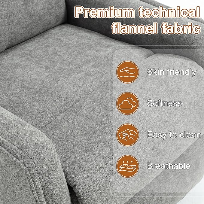 Manual 360° Swivel Rocker Recliner Chair for Adults Overstuffed Glider Chair for Nursery with Vibration Massage &amp Heat Comfy Soft Fabric Recliner Chair with Side Pockets for Living Room Light G
