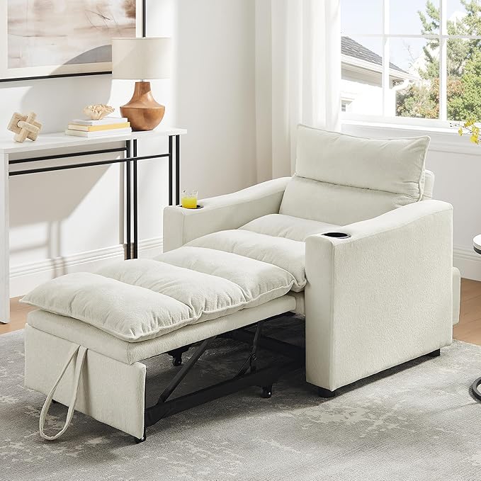 Sleeper Chair 3 in 1 Convertible Pull Out Chair Sleeper with Bracket and Cup Holder Chairs Bed Sleepers for Adults Adjustable Sofa Bed Chairs for Living Room Small Spaces Beige
