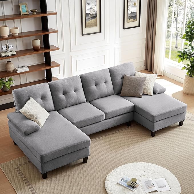Sectional Sofa Couch for Living Room Convertible U Shape Sofas 4 Seat Modular Couches with Double Chaise and Portable Armrest Modern Polyester Fiber 111 (Light Grey)