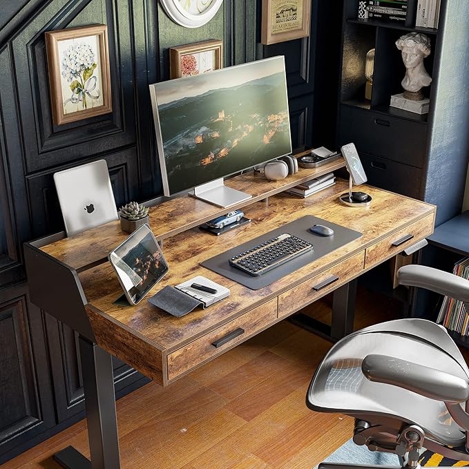 CubiCubi Standing Desk 48x26 Inches with 3 Wood Drawers and Monitor Shelf Ergonomic Rising Home Office Desks Height Adjustable Computer Desk Sit Stand Up Electric Workstation Table Brown