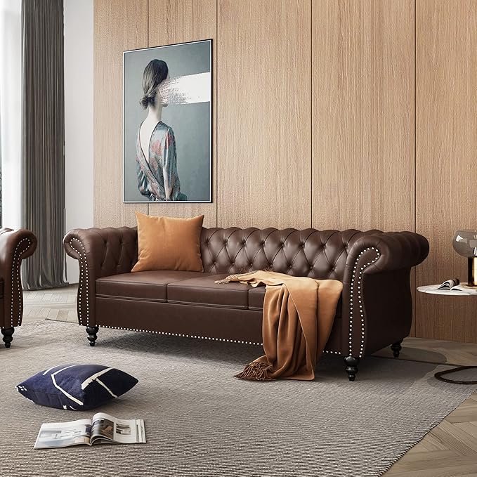 ONCIN Chesterfield Sofa Leather for Living Room 3 Seater Sofa Tufted Couch Faux Leather with Rolled Arms and Nailhead for Living Room Bedroom Office Apartment (Dark Brown)