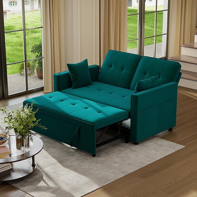 Pull Out Sofa Bed: 56 Green 3 in 1 Convertible Sleeper Sofa Bed Velvet Loveseat Sleeper Couch with Storage Comfy Futon Couch Beds for Living Room | Velvet