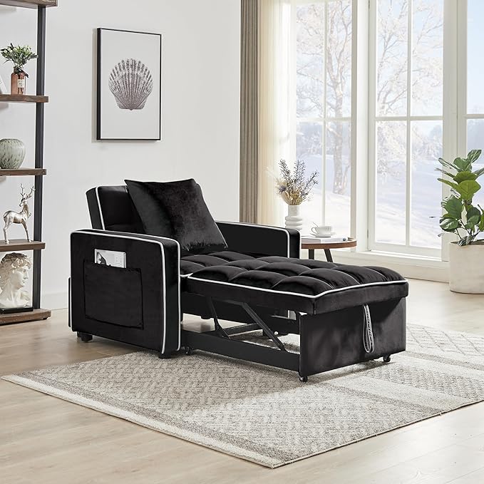 3 in 1 Convertible Sleeper Chair Bed Modern Velvet Pull Out Sofa Bed Single Sleeper with Adjustable Backrest/Pillow/Side Pockets for Living Room Bedroom Apartment Small Space(Black)
