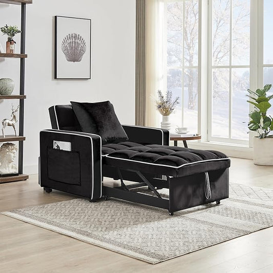 3 in 1 Convertible Sleeper Chair Bed Modern Velvet Pull Out Sofa Bed Single Sleeper with Adjustable Backrest/Pillow/Side Pockets for Living Room Bedroom Apartment Small Space(Black)