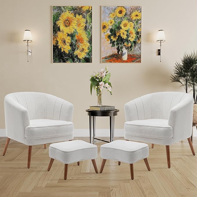 Accent Chairs with Ottoman for Living Room Bedroom Office Sherpa Upholstered Single Sofa Chair Arm Chair Comfy Chair Reading Club Coffee Chair with Metal Legs White