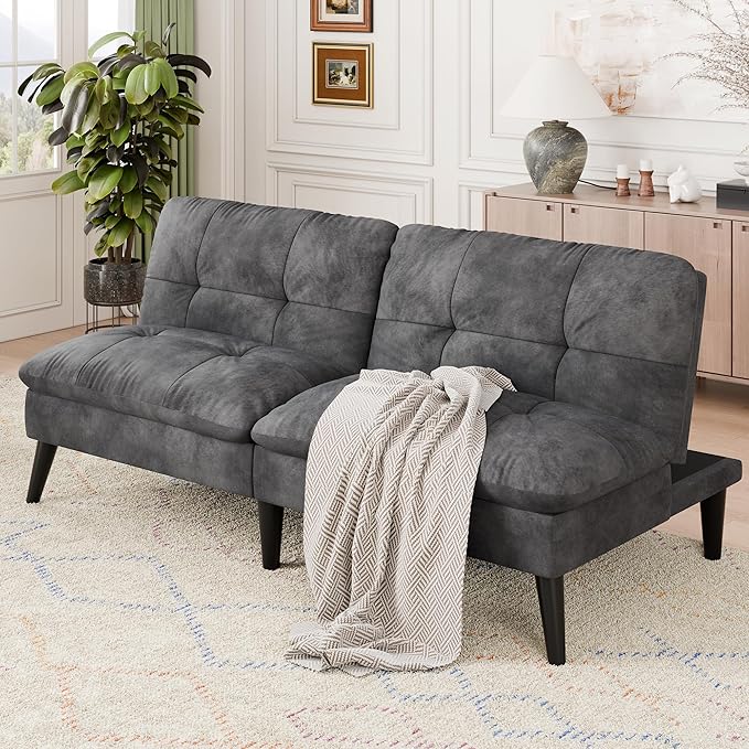 Vongrasig Futon Sofa Bed Velvet Futon Couch with Adjustable Backrest Small Convertible Folding Sleeper Sofa Bed Modern Loveseat for Living Room Bedroom and Small Space (Grey)