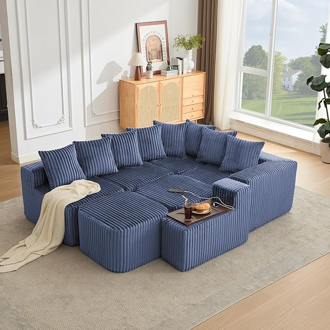 KEIKI 137.5 Modular U-Shape Sectional Sofa Extra-Large Corduroy Couch with Movable Footstool Cup Holders &amp Wireless Charging Board No-Assembly Flexible Seating for Apartments &amp Entertainin