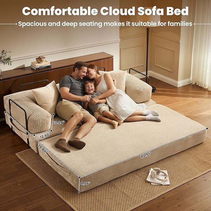 ovios 81 Folding Sofa Bed Foldable Sleeper Boneless Couch with Pull Out Beds Modular Convertible Floor Futon Loveseat Lounger for Living Room (Corduroy Beige)