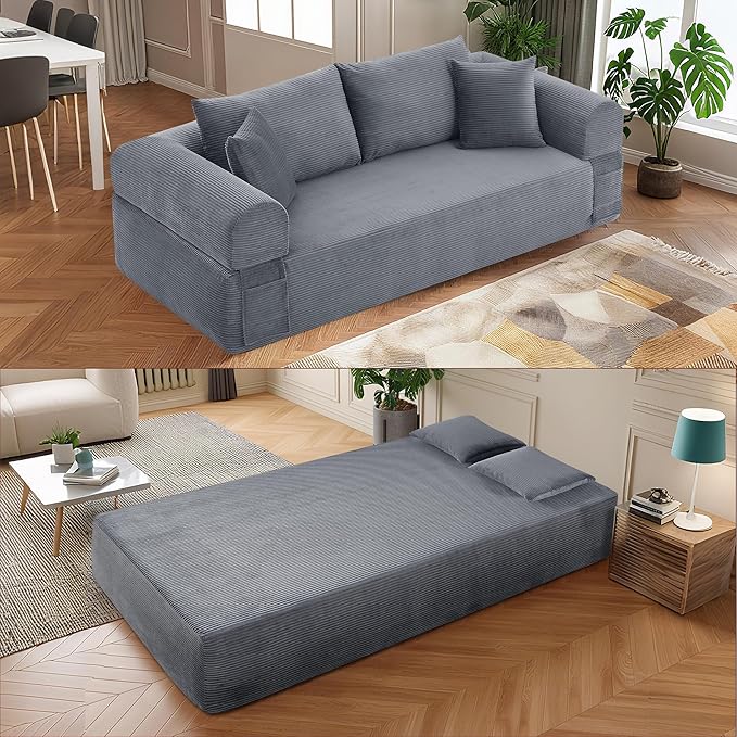 83 Modern Sofa in a Box No Assembly Oversized 3 Seater 28 Deep Seat Cloud Sofa Bed Couch with 4 Furry Pillows &amp Corduroy Fabric Boneless Couch with Side Storage Pockets for Living Room Dark G